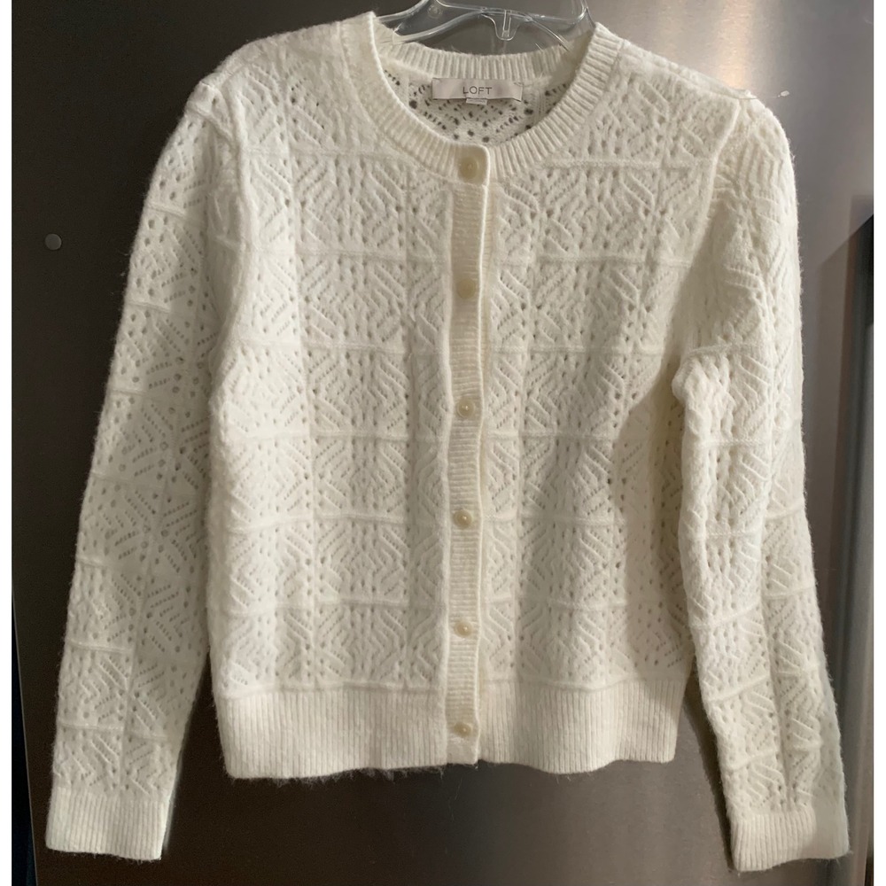 Loft Pointelle Knit Cardigan Cream White Medium Vintage Retro Y2K Coquette Soft